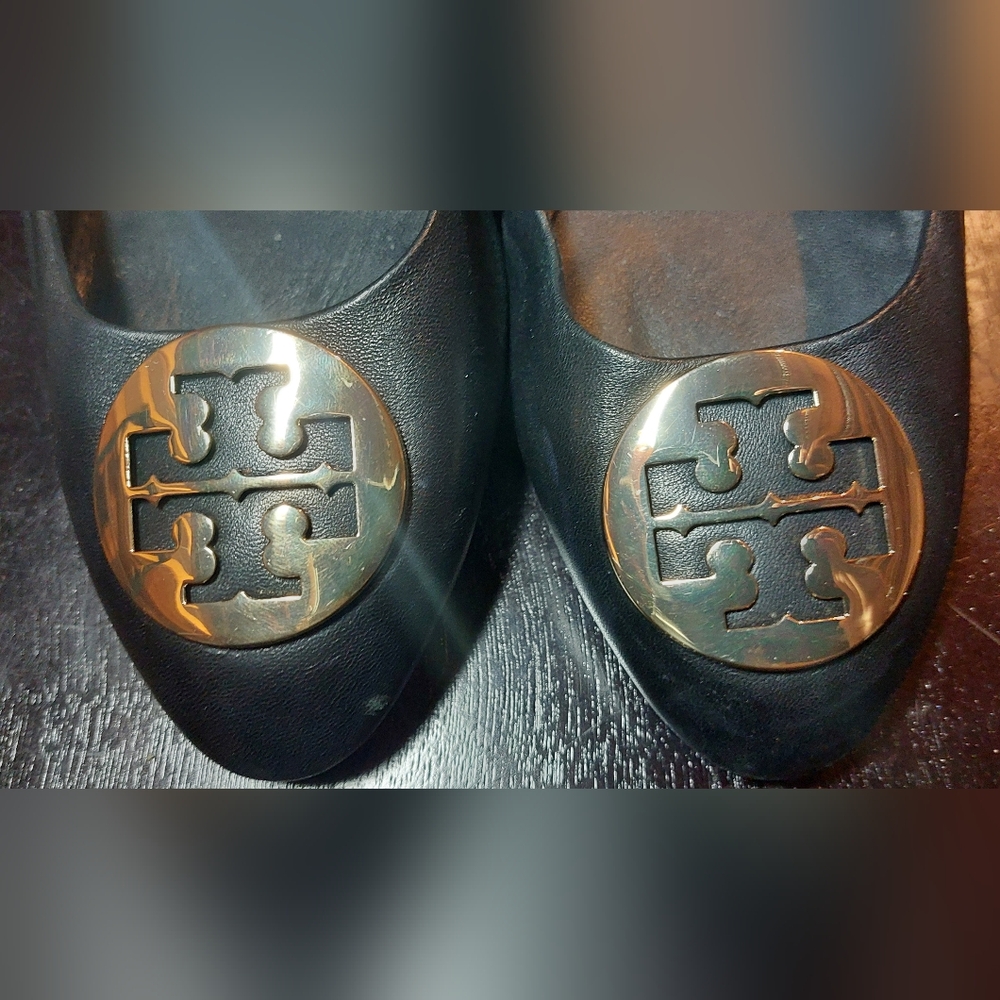 Tory Burch Black Pointy Toe Wedges with Gold Emblem